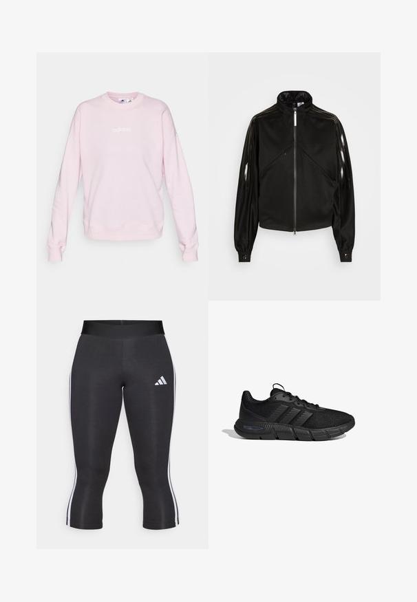 Veste de sport noire avec fermeture éclair, col montant, rayures noires brillantes sur les manches, poignets élastiques et deux poches avant avec fermeture éclair.; Sweatshirt rose clair en tissu doux, avec un col rond, des manches longues et un logo Adidas blanc sur le devant.; Leggings capri noirs avec une large taille, présentant des rayures blanches sur les côtés et un logo Adidas blanc sur la cuisse gauche. Texture lisse.; Baskets athlétiques noires avec tige en mesh, trois bandes latérales, design à lacets et semelle épaisse texturée portant la mention « Cloudfoam Flex » sur fond blanc.