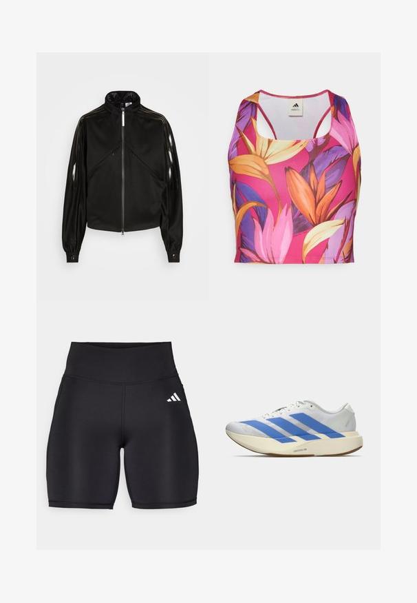 Chaqueta deportiva negra con cierre de cremallera, cuello alto, rayas negras brillantes en las mangas, puños elásticos y dos bolsillos frontales con cremallera.; Sujeción deportiva floral con un diseño multicolor, predominantemente rosa, con patrones de hojas naranjas y moradas. Fabricado con tela elástica.; Pantalones cortos deportivos negros hechos de una tela elástica, con una cinturilla alta, una textura suave y un logo de tres rayas blancas en el costado.; Zapatilla blanca para correr con tres rayas azules, suela gruesa beige claro etiquetada con "Lightstrike Pro," y cordones blancos sobre un fondo sencillo.