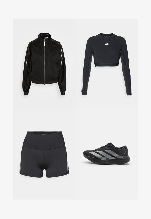 Sort atletisk jakke med lynlås, høj krave, blanke sorte striber på ærmerne, elastiske manchetter og to frontlomme med lynlås.; Sort cropped træningstop med lange ærmer lavet af glat stof. Har et hvidt logo på brystet og stribede detaljer på ærmerne.; Sorte atletikshorts med højt taljebånd, lavet af strækstof. Har hvide sidelommer og flatlock-sømme for komfort.; Sort løbesko med sølvstriber, tyk polstret sål mærket "Lightstrike Pro," set fra siden på hvid baggrund.