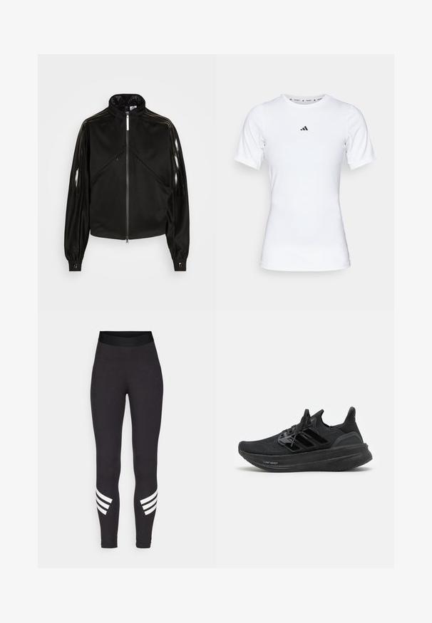 Veste de sport noire avec fermeture éclair, col montant, rayures noires brillantes sur les manches, poignets élastiques et deux poches avant avec fermeture éclair.; T-shirt de sport blanc à manches courtes, fabriqué en tissu lisse et extensible. Doté d'un petit logo noir Adidas sur la poitrine.; Leggings noirs en tissu extensible, dotés d'une large taille élastique et de trois rayures blanches horizontales près des bas des jambes.; Baskets de sport noires avec une tige en tricot respirant, un design texturé, les trois bandes emblématiques et une semelle épaisse et rembourrée portant l'étiquette "LIGHT BOOST".