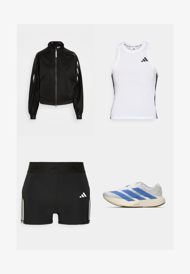 Zwarte sportieve jas met ritssluiting, hoge kraag, glanzende zwarte strepen op de mouwen, elastische manchetten en twee voorzakken met rits.; Witte sportieve tanktop met zwarte zijaccenten en logo. Heeft een ronde halslijn en een getailleerd design, gemaakt van lichtgewicht, ademend materiaal.; Zwarte sportieve shorts gemaakt van rekbaar materiaal. Heeft een brede zwarte tailleband met reliëflogo en witte zijstrepen.; Witte hardloopschoen met drie blauwe strepen, lichtbeige dikke zool met label "Lightstrike Pro," en witte veters op een effen achtergrond.