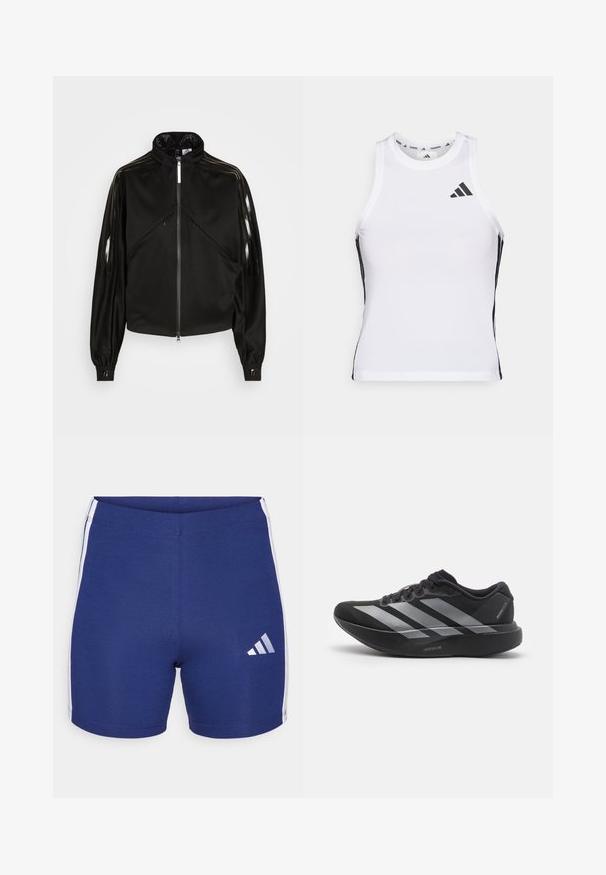 Zwarte sportieve jas met ritssluiting, hoge kraag, glanzende zwarte strepen op de mouwen, elastische manchetten en twee voorzakken met rits.; Witte sportieve tanktop met zwarte zijaccenten en logo. Heeft een ronde halslijn en een getailleerd design, gemaakt van lichtgewicht, ademend materiaal.; Marineblauwe sportshorts gemaakt van rekbaar stof met witte laterale strepen en een reflecterend Adidas-logo op het linkerbeen.; Zwarte hardloopschoen met zilveren strepen, dikke gedempte zool met het label "Lightstrike Pro," zijaanzicht op witte achtergrond.