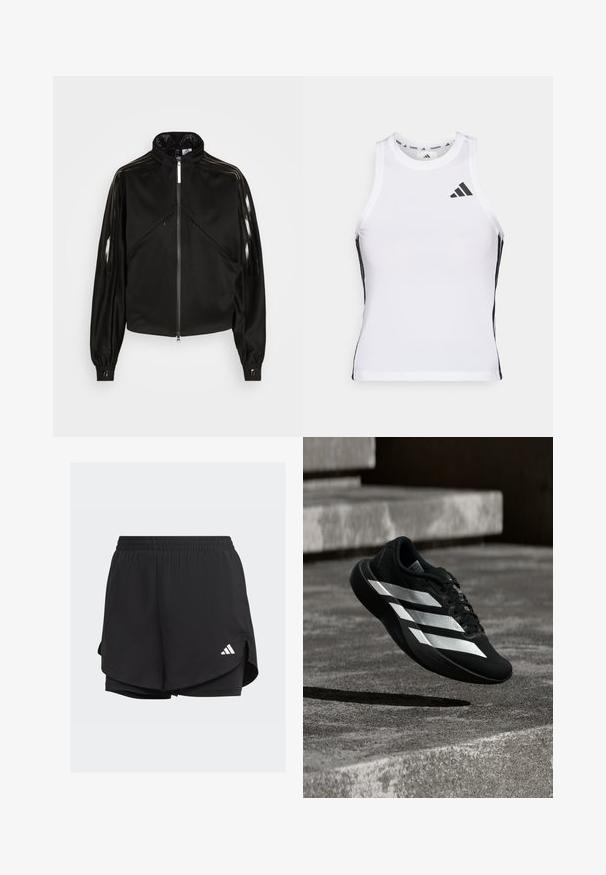 Veste de sport noire avec fermeture éclair, col montant, rayures noires brillantes sur les manches, poignets élastiques et deux poches avant avec fermeture éclair.; Débardeur de sport blanc avec des accents latéraux noirs et un logo. Il présente une encolure arrondie et un design ajusté, fabriqué en matériau léger et respirant.; Shorts de sport noirs avec une taille élastique, un design superposé, des shorts ajustés à l'intérieur et un logo blanc en bas à gauche.; Chaussure de course noire avec trois bandes blanches en suspension au-dessus de marches en béton, projetant une ombre en dessous.