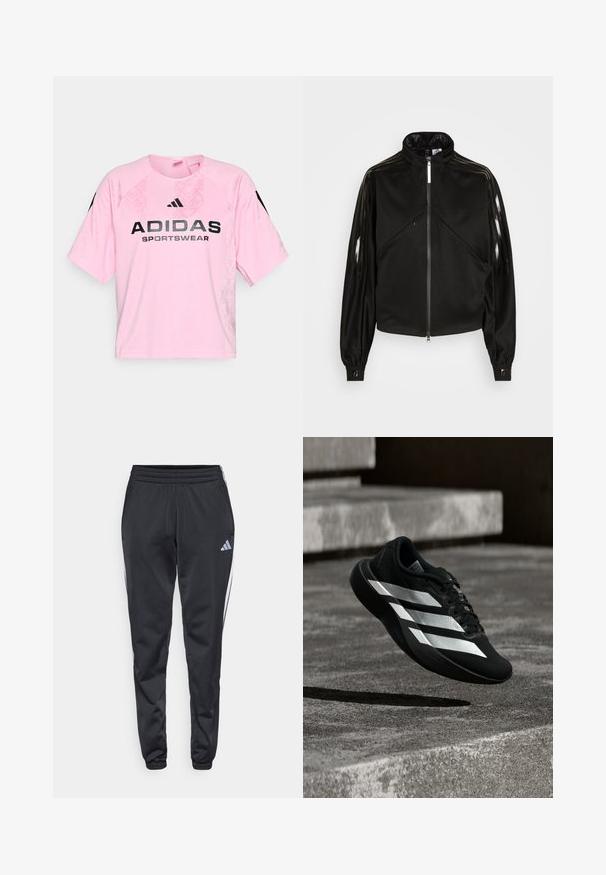 Chaqueta deportiva negra con cierre de cremallera, cuello alto, rayas negras brillantes en las mangas, puños elásticos y dos bolsillos frontales con cremallera.; Camiseta deportiva de manga corta en color rosa, fabricada con tejido transpirable, que presenta "ADIDAS SPORTSWEAR" en un texto negro en contraste y un patrón texturizado.; Pantalones deportivos negros con cinturilla elástica, piernas ajustadas y rayas blancas a los lados. Presenta un pequeño logo gris de trébol en el muslo izquierdo.; Zapatilla de correr negra con tres rayas blancas suspendida en el aire sobre escalones de concreto, proyectando una sombra debajo.