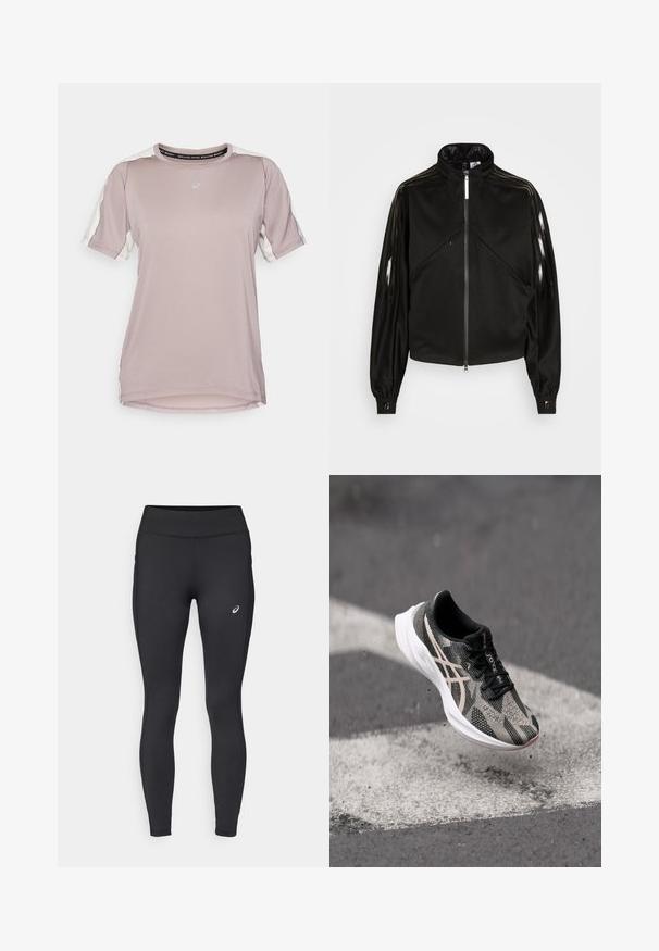 Schwarze Sportjacke mit Reißverschluss, hohem Kragen, glänzenden schwarzen Streifen an den Ärmeln, elastischen Bündchen und zwei Fronttaschen mit Reißverschluss.; ASICS FUJITRAIL ELITE TOP - Sport T-Shirt - rainstorm grey/cream; ASICS CORE WINTER - Winter-Tights - performance black; Schwarze und graue Laufschuhe mit einer strukturierten Oberseite, die ein Schnürdesign aufweisen und eine weiße Sohle haben. Mit reflektierenden Details akzentuiert.