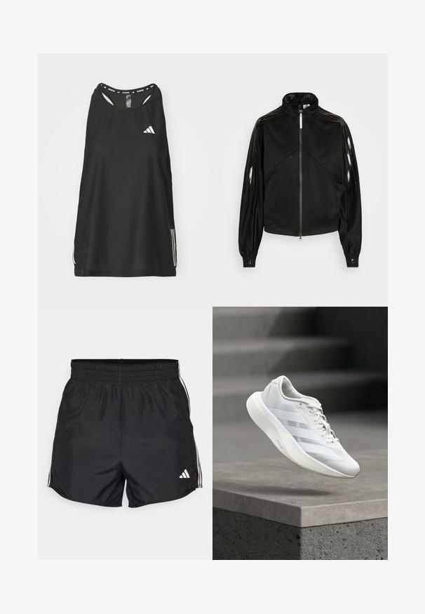 Zwarte sportieve jas met ritssluiting, hoge kraag, glanzende zwarte strepen op de mouwen, elastische manchetten en twee voorzakken met rits.; Zwarte mouwloze sporttop met een ronde halslijn. Bevat een wit logo en drie witte strepen aan de zijkanten; gemaakt van ademend materiaal.; Zwarte sportshorts met een elastische tailleband, zijsplitten en witte drievoudige strepenaccenten. Bevat een klein wit logo op de rechteronderkant.; Witte sportschoen met een gestructureerd bovenwerk, drie zijstrepen, een gedempte zool en een afgeronde neus, geplaatst boven een betonnen oppervlak.