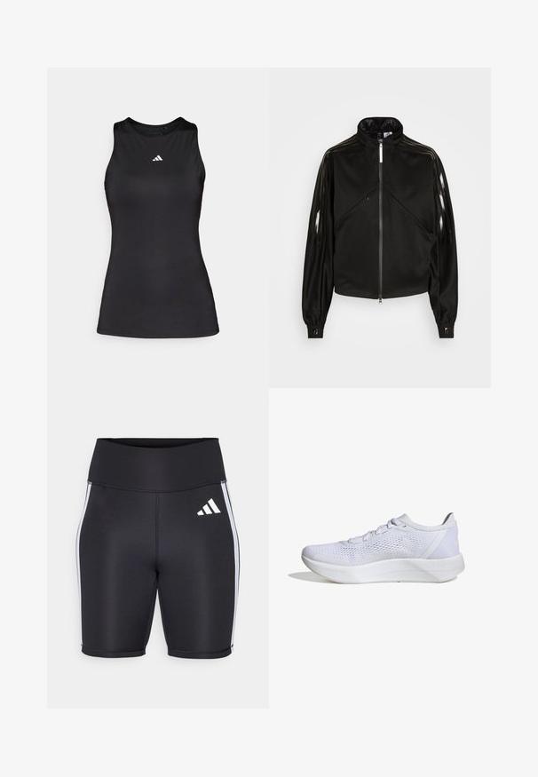 Veste de sport noire avec fermeture éclair, col montant, rayures noires brillantes sur les manches, poignets élastiques et deux poches avant avec fermeture éclair.; Débardeur de sport noir sans manches en tissu lisse. Il présente un col rond et un petit logo Adidas blanc sur la poitrine.; Shorts de sport noirs avec une taille haute, rayures blanches sur les côtés et un petit logo blanc. Tissu lisse avec une coupe ajustée.; Baskets blanches avec une tige en mesh respirant, un design à lacets, un col rembourré et une semelle en caoutchouc texturé pour l'adhérence.
