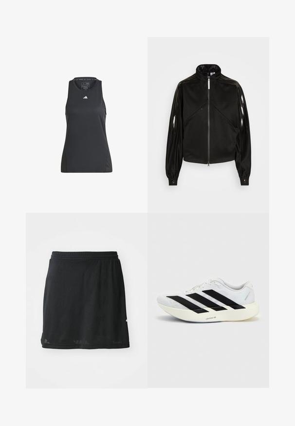 Veste de sport noire avec fermeture éclair, col montant, rayures noires brillantes sur les manches, poignets élastiques et deux poches avant avec fermeture éclair.; Débardeur de sport noir en matériau synthétique. Avec un col rond et un petit logo Adidas blanc sur la poitrine. Texture lisse.; Jupe de sport noire en tissu léger et texturé. Présente une large taille élastique et un motif géométrique subtil.; Chaussure de running blanche avec motif trois bandes noires sur le côté et semelle blanche épaisse étiquetée "Lightstrike Pro" sur fond uni.