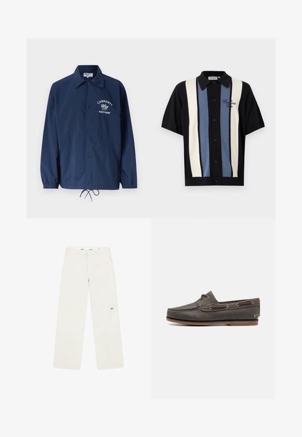 Chaqueta azul marino abotonada con cuello, puños elásticos, dobladillo con cordón, bolsillos laterales y logo blanco "Carhartt Wip Eightynine" en el pecho.; Camisa negra de manga corta con botones, con rayas verticales en crema y azul, y bordado "Carhartt WIP" en el pecho izquierdo.; Pantalones blancos de corte holgado, confeccionados con una tela de textura sutil. Presentan un logo cerca del dobladillo y un diseño de pierna recta y limpia.; Zapato de barco de cuero marrón oscuro con un perfil bajo, que cuenta con ojales de latón y costuras en contraste, suela plana de goma y acabado texturizado.