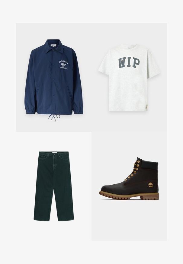 Marineblaue, zum Knöpfen geeignete Jacke mit Kragen, elastischen Bündchen, Kordelzug am Saum, Seitentaschen und weißem "Carhartt Wip Eightynine"-Logo auf der Brust.; Hellgraues T-Shirt mit kurzen Ärmeln, auf der Brust in großen schwarzen Buchstaben "WIP" und einem kleinen Logostreifen nahe dem Saum.; Dunkelgrüne weit geschnittene Jeans aus Denim mit Knopf- und Reißverschluss, Fronttaschen und Gürtelschlaufen, flach auf einem weißen Hintergrund ausgelegt.; Schwarze Leder-Ankle-Boots mit goldenen Ösen, braunen Akzenten und einer Gummisohle. Verfügt über einen gepolsterten Schaft und ein geprägtes Logo an der Seite.