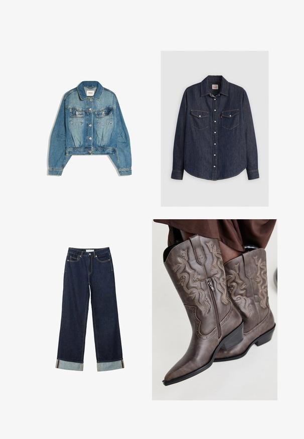 Blaue Jeansjacke mit Knopfleiste vorne, zwei Brusttaschen mit Klappen, langen Ärmeln und Kragen, flach auf weißem Hintergrund liegend.; Dunkelblaues Denim-Hemd mit langen Ärmeln, knöpfbarem Frontverschluss, zwei Brusttaschen mit Klappen und kontrastierendem gelben Stich.; Dunkelblaue, weit geschnittene Jeans mit hoher Taille, ausgestattet mit aufgerollten Säumen, Kontrastnähten und einem Fünf-Taschen-Design. Hergestellt aus Denim-Stoff.; Braune Leder-Cowboystiefel mit einer spitzen Zehenpartie, Seitenreißverschluss und einem strukturierten Schlangendesign in Beige, mit dekorativen Nieten entlang der Kanten.