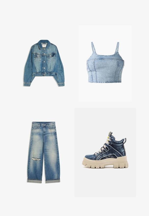 Blue denim jacket with button front, two chest flap pockets, long sleeves, and a collar, laid flat on a white background.; Light blue denim crop top with thin straps, featuring a fitted design and adorned with small silver studs throughout.; Light blue wide-leg jeans with folded cuffs and a distressed tear on the left thigh, featuring front pockets and belt loops.; Buffalo ASPHA MID - High-top trainers - blue