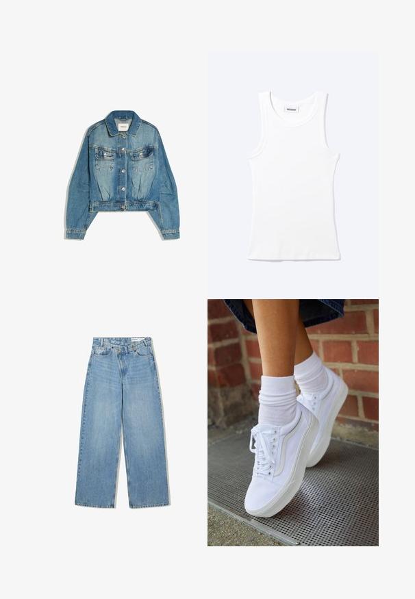 Veste en denim bleu avec fermeture à boutons sur le devant, deux poches poitrine à rabat, manches longues et col, posée à plat sur fond blanc.; Débardeur blanc côtelé sans manches avec encolure ronde et une petite étiquette indiquant "WEEKDAY" à l'intérieur du col.; Jean en denim bleu clair à jambes larges avec fermeture à double bouton et poches avant, présenté à plat sur fond blanc.; Baskets en toile blanches avec semelles en caoutchouc, dotées de six œillets, d'un bout rond et de détails de couture légers, portées avec des chaussettes blanches mi-mollet.