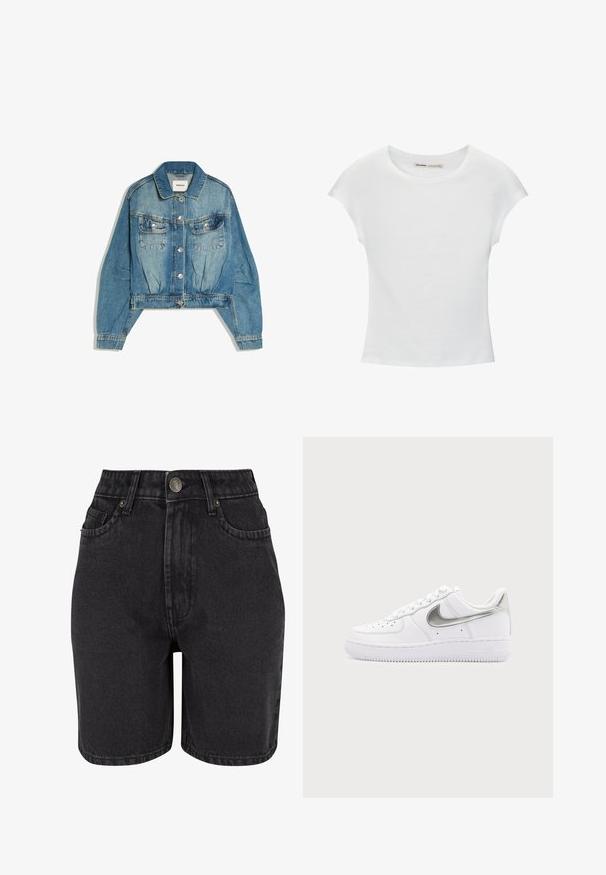 Veste en denim bleu avec fermeture à boutons sur le devant, deux poches poitrine à rabat, manches longues et col, posée à plat sur fond blanc.; T-shirt en coton blanc avec manches courtes retroussées, encolure ronde et ourlet droit. Texture lisse sans motifs ni accents visibles.; Shorts en denim noir à taille haute, avec un design à cinq poches et un système de fermeture à bouton en métal. Le tissu a une texture lisse avec un léger dégradé.; Baskets basses blanches avec le swoosh Nike argent métallisé et des lacets blancs sur un fond gris clair uni.