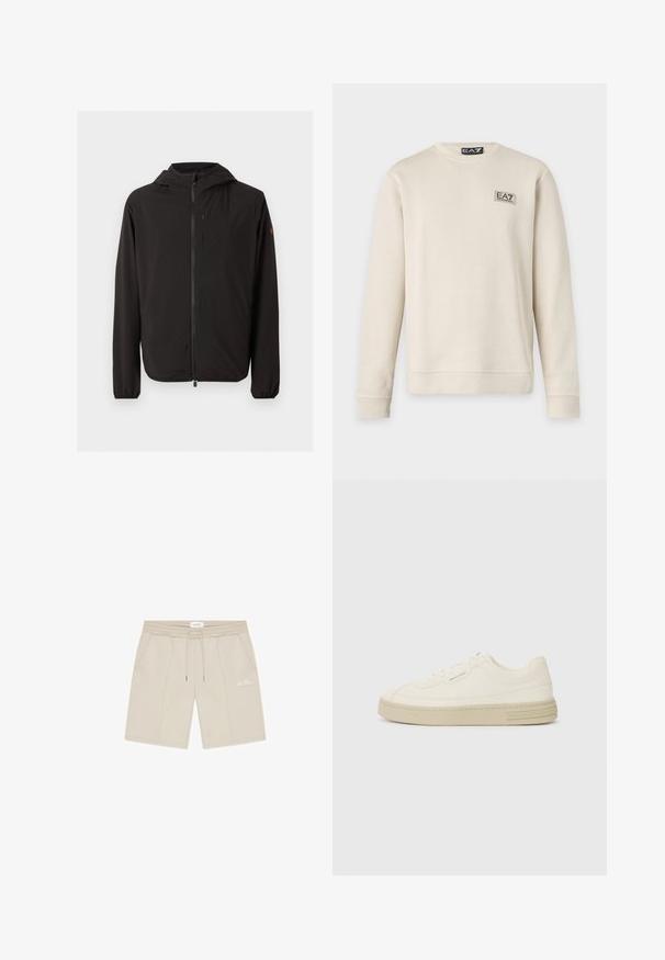 Schwarze leichte Kapuzenjacke mit durchgehendem Frontreißverschluss, Reißverschluss an der Brusttasche, elastischen Bündchen und kleinem Logo am linken Ärmel.; Sweatshirt mit langen Ärmeln in Cremefarbe mit gerippter Struktur und EA7 Emporio Armani-Logo auf der linken Brust und im Innenkragen.; Beige Shorts aus weichem Stoff mit Tunnelzugbund, Seitentaschen und einem kleinen, aufgestickten Logo auf der Vorderseite.; Weiße Leinen-Sneaker mit einer strukturierten Gummisohle, die eine gestickte Zehenkappe und ein Logo-Detail an der Ferse aufweisen. Einfaches Schnürdesign.