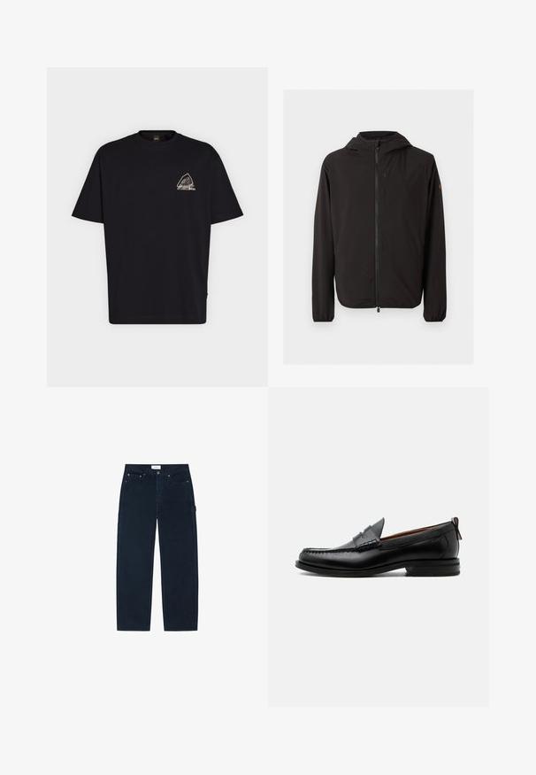 Veste noire légère à capuche avec fermeture éclair intégrale à l'avant, poche poitrine zippée, poignets élastiques et petit logo sur la manche gauche.; T-shirt noir à manches courtes avec un petit motif triangulaire blanc et gris et le texte "BOSS" sur la poitrine gauche.; Pantalon noir à jambes droites avec poches avant et arrière, passants de ceinture et une boucle latérale pour outils, posé à plat sur un fond blanc.; Mocassin homme en cuir noir avec couture moc toe, bride penny, col texturé et petit talon empilé sur fond blanc.