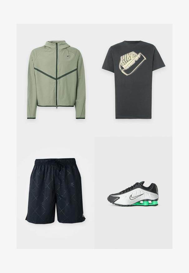 Chaqueta deportiva de color verde claro con cremallera frontal, capucha y detalles en verde oscuro contrastante. Presenta mangas largas y un diseño ajustado.; Camiseta de algodón gris oscuro con cuello redondo. Presenta un gran logo estilizado de "Nike" en un color más claro en la parte delantera.; Bañador negro con un patrón de diamantitos y el logo de Nike, fabricado con material ligero. Presenta una cintura elástica con cordón.; Zapatilla deportiva en blanco y negro con detalles en verde, que presenta un diseño elegante, parte superior texturizada y una suela segmentada distintiva.