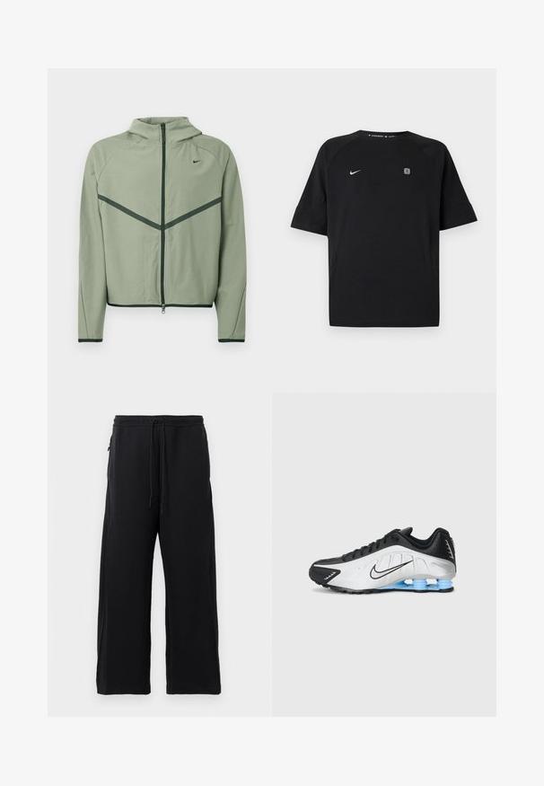 Svetlozelená športová bunda so zipsom vpredu, kapucňou a kontrastnými tmavozelenými akcentmi. Má dlhé rukávy a priliehavý strih.; Čierne športové tričko Nike s krátkym rukávom a bielym logom swoosh na ľavej strane hrude a malým štvorcovým emblémom na pravej strane hrude, jednofarebné pozadie.; Čierne tepláky z jemného materiálu, s nastaviteľným pásom, širokým strihom a bočnými vreckami s hladkým povrchom.; Bežecká obuv Nike s čierno-bielym syntetickým zvrškom, textúrovaným dizajnom a modrou gumovou podrážkou so stĺpcami na tlmenie nárazov.