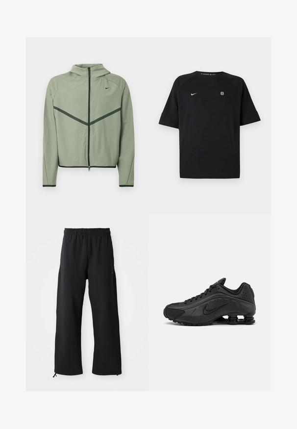 Lysegrøn atletikjakke med lynlåssøm foran, hætte og kontrasterende mørkegrønne detaljer. Har lange ærmer og en tætsiddende pasform.; Sort Nike sportstrøje med korte ærmer med hvid swoosh-logo på venstre bryst og lille firkantet emblem på højre bryst, ensfarvet baggrund.; Sorte bukser med brede ben lavet af blødt stof, med elastisk talje og snøre, sidelommer og en glat overflade.; Sorte løbesko med en glat syntetisk overdel, perforerede detaljer, teksturerede sidedele og en distinkt fjedrende sål.