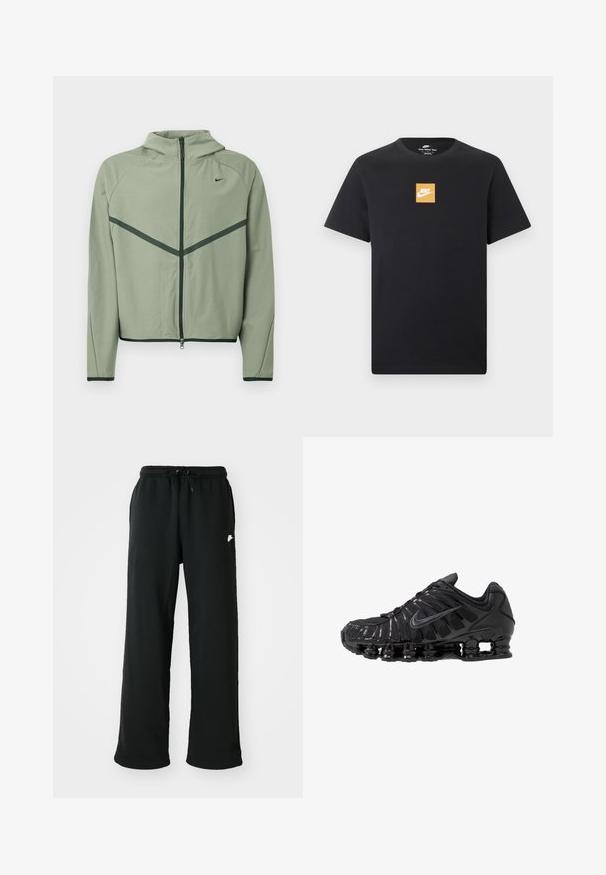 Veste de sport vert clair avec fermeture éclair à l'avant, capuche et accents vert foncé contrastants. Caractérisée par des manches longues et une coupe ajustée.; T-shirt Nike noir à manches courtes avec un petit logo carré orange et un swoosh Nike blanc centré sur la poitrine.; Pantalons de survêtement noirs en tissu doux, dotés d'une taille élastique avec cordon de serrage réglable et d'un petit logo décoratif sur le côté.; Chaussures de sport noires en mesh et matériaux synthétiques, présentant un design ondulé distinct, une semelle en caoutchouc noire et des accents réfléchissants.