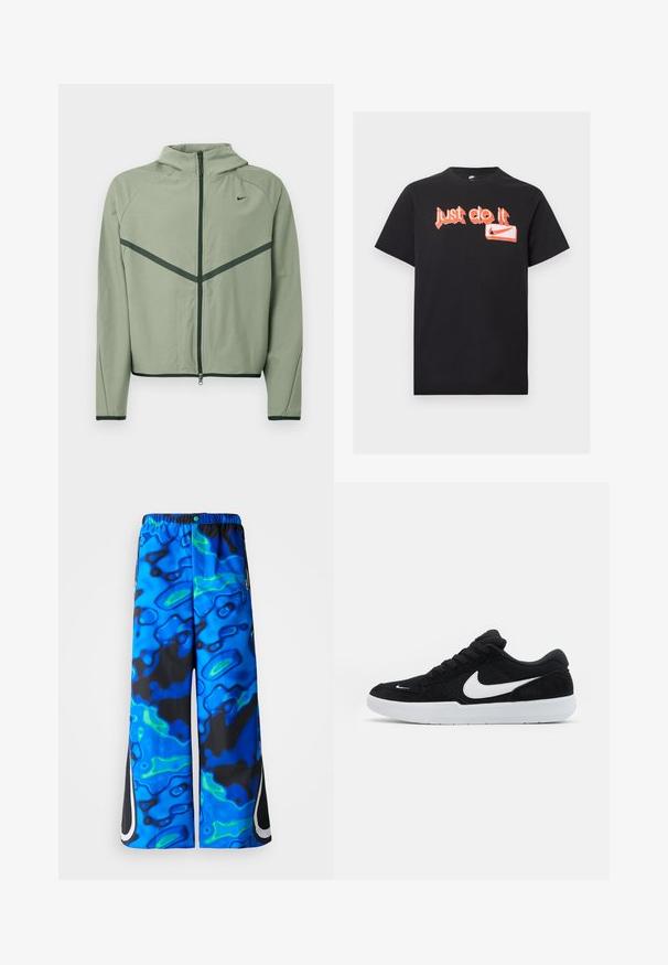 Svetlozelená športová bunda so zipsom vpredu, kapucňou a kontrastnými tmavozelenými akcentmi. Má dlhé rukávy a priliehavý strih.; Čierne krátke tričko Nike s oranžovým graffiti štýlom "Just do it" textom a logom Nike swoosh na prednej strane.; Modré a čierne široké nohavice s abstraktným vzorom, s elastickým pásom a zipsovými bočnými vreckami na jednoduchom pozadí.; Čierne semišové tenisky s bielymi akcentmi, so zaoblenou špičkou, hrubou bielou podrážkou a čiernymi šnúrkami. Výrazné biele logo Nike na boku.