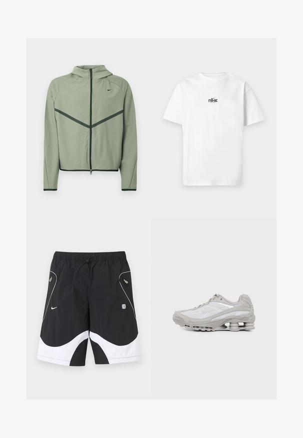 Veste de sport vert clair avec fermeture éclair à l'avant, capuche et accents vert foncé contrastants. Caractérisée par des manches longues et une coupe ajustée.; T-shirt blanc à manches courtes avec petit logo Nike noir et texte centré sur la poitrine sur fond blanc uni.; Shorts de sport Nike noir et blanc avec taille élastique, cordon de serrage, poches latérales zippées et garniture réfléchissante sur les panneaux avant.; Baskets de sport grises et blanches avec semelle à coussin d'air visible et panneaux en mesh, présentées de profil sur un fond clair uni.