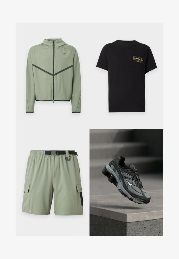 Veste de sport vert clair avec fermeture éclair à l'avant, capuche et accents vert foncé contrastants. Caractérisée par des manches longues et une coupe ajustée.; T-shirt noir à manches courtes avec les textes « North Shore Bowl » et « Billabong » en orange et vert sur la partie gauche de la poitrine.; Short cargo vert clair avec taille élastique, ceinture noire réglable et poches latérales à rabat avec détail en mesh sur un côté.; Baskets athlétiques grises et noires avec panneaux en mesh et semelle épaisse, positionnées en plein air au-dessus d'un rebord en béton avec des escaliers en arrière-plan.