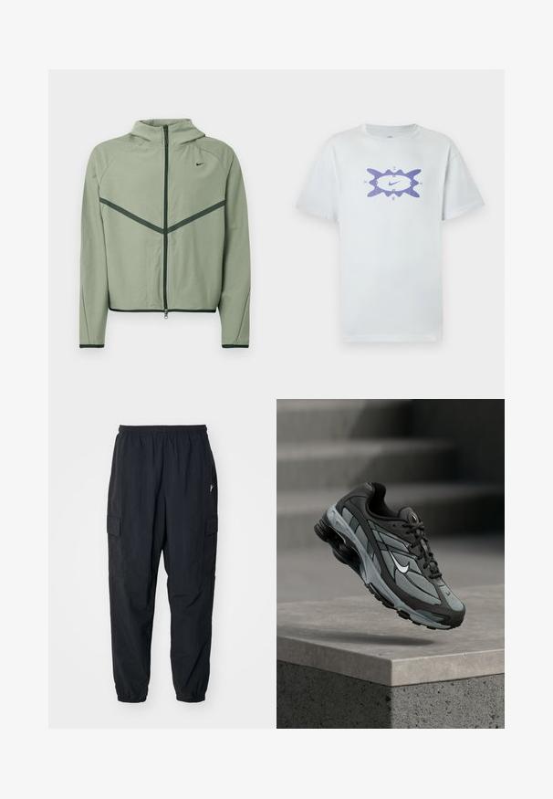 Lichtgroene sportjas met een rits aan de voorkant, capuchon en contrasterende donker groene accenten. Voorzien van lange mouwen en een aansluitend ontwerp.; Witte katoenen t-shirt met een losse pasvorm, voorzien van een paars grafisch ontwerp in het midden, omringd door een golvende omlijsting. Korte mouwen.; Zwarte cargobroek van lichtgewicht materiaal, met een elastische tailleband, zijzakken en een losse pasvorm met elastische manchetten.; Grijze en zwarte sportieve sneaker met meshpanelen en dikke zool, zwevend in de lucht boven een betonnen richel met trappen op de achtergrond.