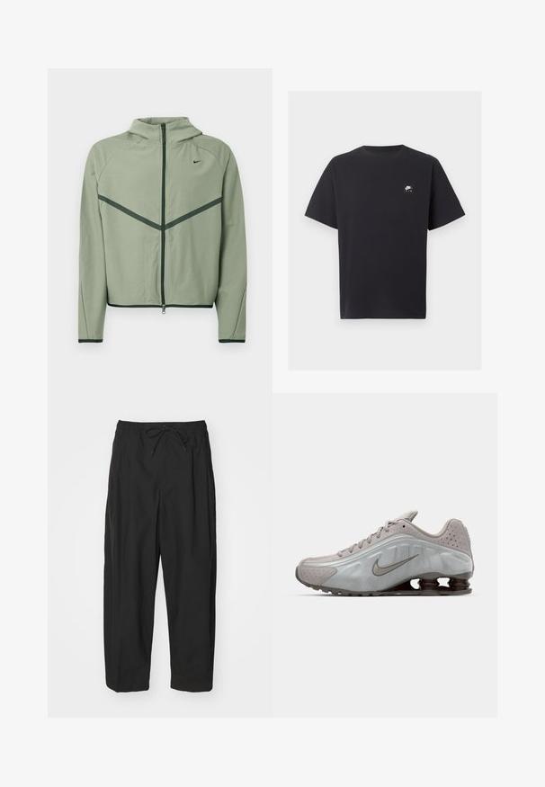 Hele rohelise tooniga spordijakk lukuga ees, kapuutsi ja tumeroheliste kontrastsete detailidega. Omadused: pikad varrukad ja keha järgnev lõige.; Mustad lühikeste varrukatega Nike Air T-särk ümmarguse kaelusega ja vasakul rinnal väikese valge logoga.; Mustad püksid elastse vöökohtaga, nööriga sulgemine ja lõtv istuvus. Valmistatud siledast kangast, millel on minimalistisch disain.; Nike jooksujalats helesinises värvitoonis, sujuva tekstuuri, kaarjate joontega ning tumeda pruuniga nähtavate pehmendavate vedrudega kandade juures.