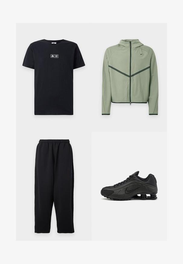 Veste de sport vert clair avec fermeture éclair à l'avant, capuche et accents vert foncé contrastants. Caractérisée par des manches longues et une coupe ajustée.; T-shirt en coton noir à manches courtes et col rond. Présente un patch logo à l'avant avec du texte. Design simple et dépouillé.; Pantalon de survêtement noir en tissu doux, doté d'une taille élastique, de jambes larges et de poches latérales avec des accents bleus subtils.; Baskets de course noires avec une tige en synthétique lisse, des accents perforés, des panneaux latéraux texturés et une semelle distincte et rebondissante.
