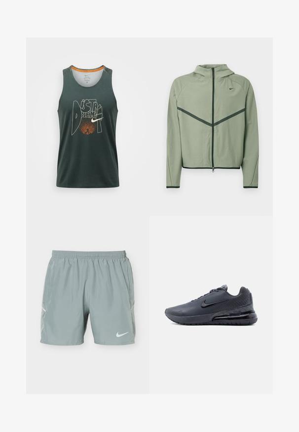 Veste de sport vert clair avec fermeture éclair à l'avant, capuche et accents vert foncé contrastants. Caractérisée par des manches longues et une coupe ajustée.; Débardeur de course Nike vert foncé sans manches avec le texte « DISTANT DREAMS » et un motif de cercle pointillé orange sur le devant.; Shorts de sport gris clair avec taille élastique, poches latérales et logo Nike swoosh blanc sur la jambe gauche.; Baskets Nike Air Max gris foncé avec un swoosh noir, semelle à coussin d'air visible et tige texturée, vues de profil gauche sur fond blanc.