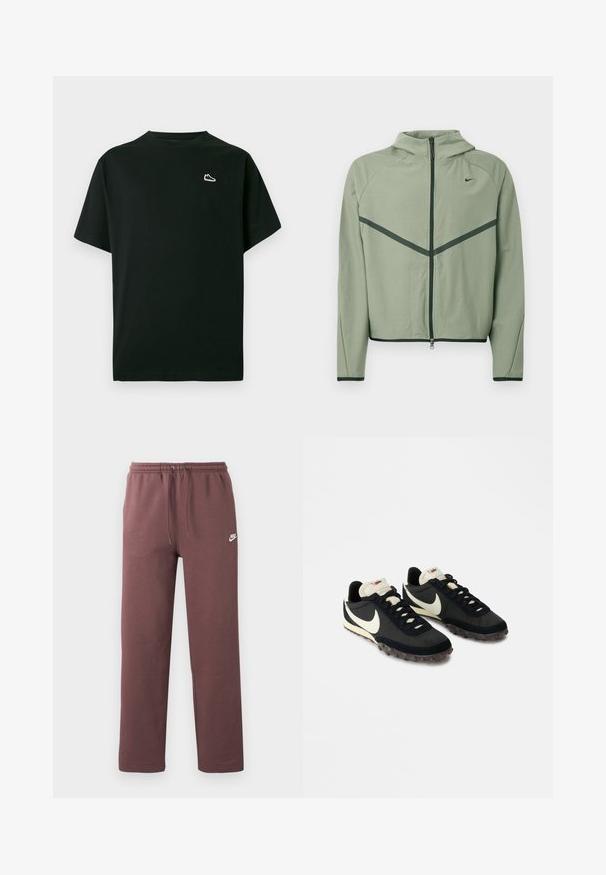 Veste de sport vert clair avec fermeture éclair à l'avant, capuche et accents vert foncé contrastants. Caractérisée par des manches longues et une coupe ajustée.; T-shirt en coton noir avec col rond, manches courtes et petit logo de baskets blanches sur le côté gauche de la poitrine. Texture douce, coupe décontractée.; Pantalon de survêtement marron Nike avec taille élastique et cordon, avec un petit logo blanc Nike sur la cuisse gauche.; Chaussures de sport noires avec une tige texturée, logo swoosh blanc et semelle en caoutchouc dotée de petits crampons pour une meilleure traction. Col de couleur crème.