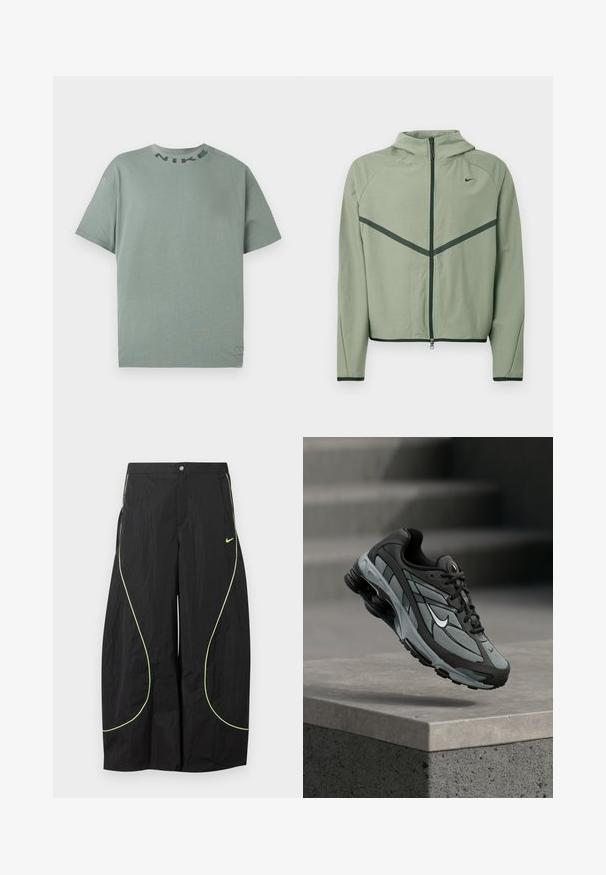 Lysegrøn atletikjakke med lynlåssøm foran, hætte og kontrasterende mørkegrønne detaljer. Har lange ærmer og en tætsiddende pasform.; Lys grøn kortærmet Nike t-shirt med rund hals og sort "NIKE" tekst nær kraven, præsenteret på en helt hvid baggrund.; Sorte Nike bukser med brede ben, med neon-grøn buet piping og lille Nike swoosh-logo på højre lår, knap- og lynlåslukning i taljen.; Grå og sort atletiksko med meshpaneler og tyk sål, placeret i luften over en betonliste med trapper i baggrunden.