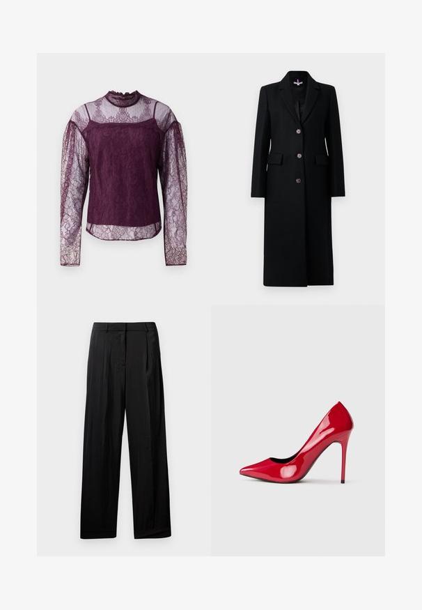 Lang sort kvinde frakk med tre knapper, notch lapels, to klaplommer og lange ærmer, vist på en ensfarvet baggrund.; Lilla blonde bluse med lange ærmer og gennemsigtige sektioner på ærmerne og den øverste del af brystet, med høj hals og intrikate blomster mønstre.; Sorte, vide bukser med en glat stoftekstur, der har pressefolder foran, bæltestropper og lynlås i gylpen.; Glansende rød højhælet pumpe med spids tå og stiletthæl, vist i sideprofil på en enkel lys baggrund.