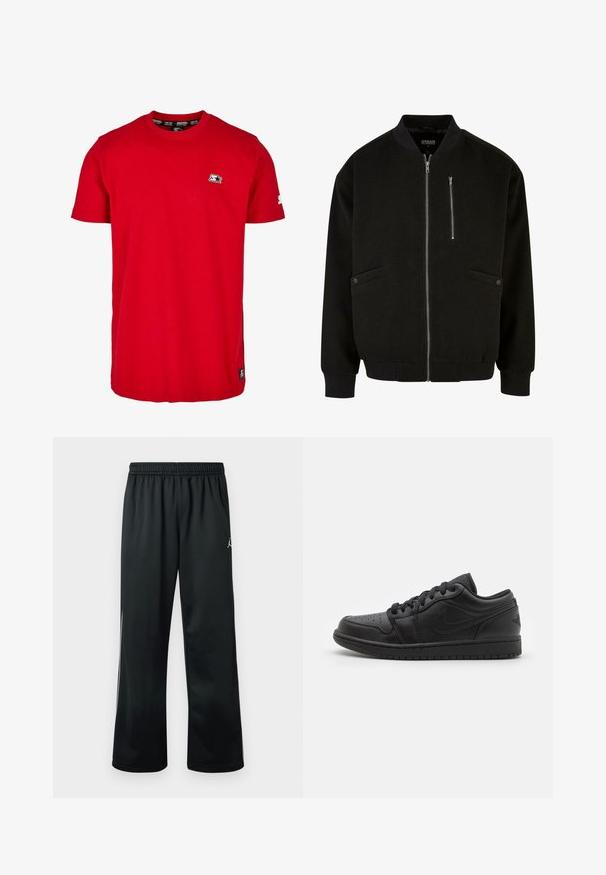 Chaqueta bomber negra con cremallera frontal, dos bolsillos laterales y puños acanalados. Confeccionada en un tejido suave con un diseño limpio y minimalista.; Camisa de algodón roja con cuello redondo, mangas cortas y un pequeño logo negro en el lado izquierdo del pecho y en la manga. Tejido de color sólido y suave.; Pantalones deportivos negros con cintura elástica, que presentan un logo blanco en la parte superior lateral y un tejido suave y ligero.; Zapatillas bajas de cuero negro con puntera perforada, cordones planos, acolchado en el collar y suela texturizada. Presenta un logo sutil en el talón.