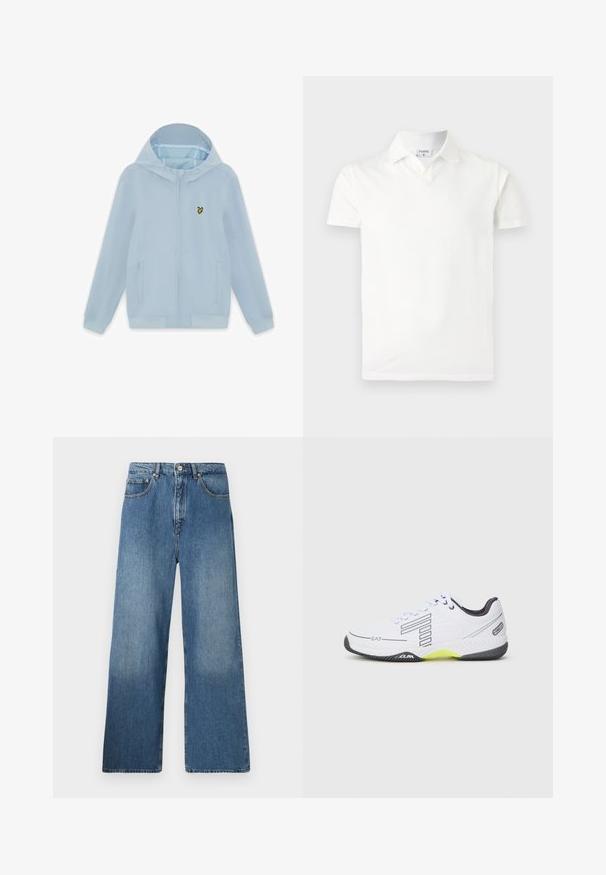Hellblauer Kapuzenpullover mit Reißverschluss, angebrachtem Kapuzen, zwei Fronttaschen und kleinem gelbem Vogel-Logo auf der linken Brust.; Weißes kurzärmeliges Poloshirt mit Kragen und einem kleinen Etikett innen am Hals mit der Aufschrift „FILIPPA K“, dargestellt vor einem schlichten hellen Hintergrund.; Breite blaue Denim-Jeans mit klassischem Fünf-Taschen-Design, Knopfverschluss vorne und leichtem Verblassen für Textur.; Weißer Sportschuh mit schwarzen Akzenten und grauen Details. Verfügt über ein strukturiertes Obermaterial, Schnürsenkel und ein hellgelbes Sohlensegment.
