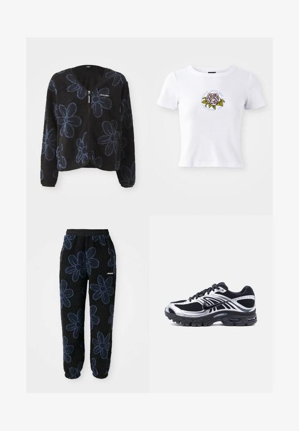 Sort fleecejakke med blå blomsterdråber, lynlåslukning og to sidelommer. Har lange ærmer og en rund hals.; Hvid kortærmet t-shirt med tætsiddende design, som har et centreret broderet rosen grafisk motiv og cirkulær tekst omkring blomsten.; Fleece joggers med sort baggrund og mørkeblå blomsterdesign. Har en elastisk talje og sidelommer. Blød tekstur.; Sort og sølv Nike løbesko med mesh-overdel, luftpolstret sål og snørebånd, vist fra siden på en hvid baggrund.