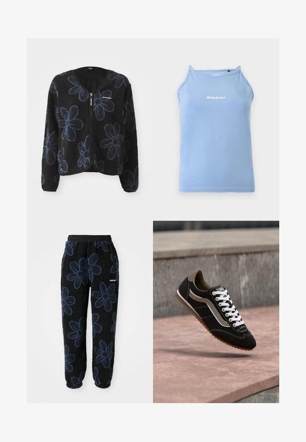 Chaqueta de forro polar negra con patrones florales azules, cierre de cremallera y dos bolsillos laterales. Cuenta con mangas largas y un escote redondeado.; Camiseta sin mangas color azul claro de la marca Dickies, con tirantes finos y un pequeño detalle de botón negro cerca del escote.; Pantalones de chándal de felpa con un fondo negro y un patrón floral en azul oscuro. Presentan una cintura elástica y bolsillos laterales. Textura suave.; Zapatilla negra y beige con cordones blancos y suela de goma, flotando sobre una superficie de piedra y un fondo de hormigón gris.
