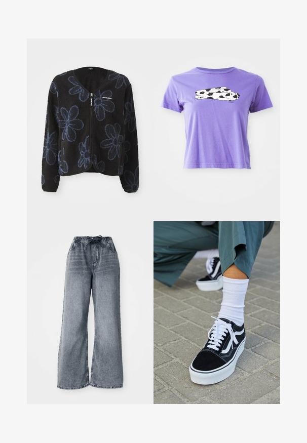 Sort fleecejakke med blå blomsterdråber, lynlåslukning og to sidelommer. Har lange ærmer og en rund hals.; Lilla bomulds T-shirt med et sort-hvidt ko grafisk design. Korte ærmer og en afslappet pasform med rund halsudskæring.; Grå jeans med brede ben, elastisk talje, snøre lukning og sidelommer. Bleget tekstur over hele stoffet.; Sorte ruskinds sneakers med hvide accenter og snørebånd, der har en tyk hvid sål og kontrasterende syninger, parret med en hvid sok.
