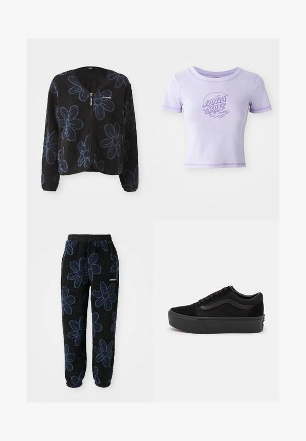 Sort fleecejakke med blå blomsterdråber, lynlåslukning og to sidelommer. Har lange ærmer og en rund hals.; Lilla tætsiddende T-shirt med korte ærmer, rund halsudskæring og kontrastsyet. Har et "SANTA CRUZ" grafisk design foran.; Fleece joggers med sort baggrund og mørkeblå blomsterdesign. Har en elastisk talje og sidelommer. Blød tekstur.; Sort sneakers lavet af ruskind og lærred, med en rund tå, flad snørebåndsdesign og en tyk gummisål med subtil branding.