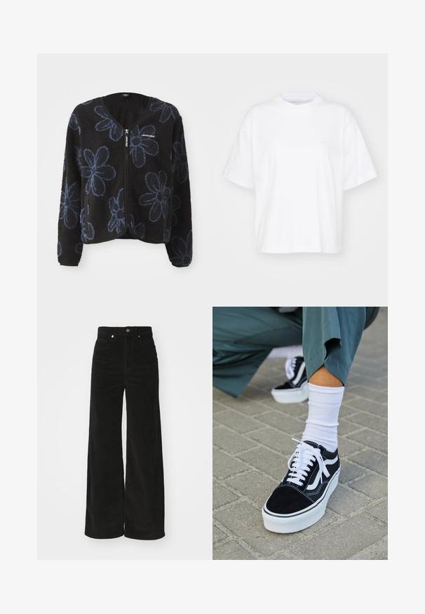 Sort fleecejakke med blå blomsterdråber, lynlåslukning og to sidelommer. Har lange ærmer og en rund hals.; Hvid bomulds t-shirt med rund hals, korte ærmer og en afslappet pasform. Har et diskret logo på venstre brystområde. Glat tekstur.; Sorte kordfløjl bredbenede bukser med høj talje, der har to forlommer og en metalknaplukning. Tekstureret stof med lodrette ribber.; Sorte ruskinds sneakers med hvide accenter og snørebånd, der har en tyk hvid sål og kontrasterende syninger, parret med en hvid sok.
