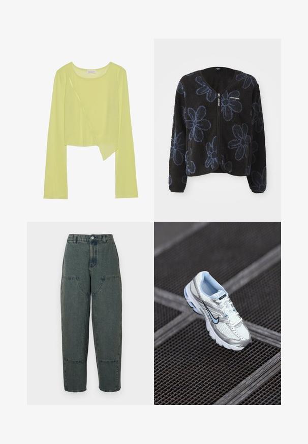 Sort fleecejakke med blå blomsterdråber, lynlåslukning og to sidelommer. Har lange ærmer og en rund hals.; Limegrøn langærmet crop top med rund halsudskæring og asymmetrisk kant. Letvægts, ribbet struktur med dekorative syninger.; Mørkeblå denimbukser med en afslappet pasform, der har sidelommer og kontrastsyninger. Stoffet har en let falmet tekstur.; Hvide mesh atletiksko med sølvdetaljer, lyseblå syninger og et sort swoosh-logo. Har en polstret krave og en tekstureret sål.