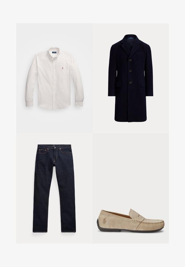 Donkerblauw, enkelrijssluiting herenoverjas met drie knopen, notch revers, borstzak en twee klepzakken, getoond tegen een effen achtergrond.; Witte button-up blouse met dunne verticale strepen in lichtbeige. Heeft een klassieke kraag, lange mouwen en een klein geborduurd logo op de borst.; Donkerblauwe denim jeans met vijf zakken, koperen klinknagels en contrasterende stiksels, plat gelegen tegen een witte achtergrond.; Beige suède instappers met een gestikt detail, platte rubberen zool en een klein logo aan de zijkant. Klassiek instapontwerp, zachte textuur.
