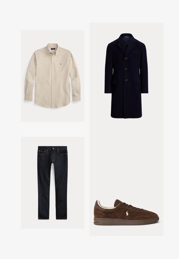 Dunkel marineblauer einreihiger Herrenmantel mit drei Knöpfen, Revers mit Kerbe, Brusttasche und zwei Klappentaschen, vor schlichter Hintergrund dargestellt.; Beiges Langarm-Hemd zum Knöpfen mit Kragen, besticktem Polo Ralph Lauren-Logo auf der Brust und geknöpften Manschetten.; Dunkelblaue Slim-Fit-Jeans mit fünf Taschen, Knopfverschluss und Kontrastnähten, flach auf hellem Hintergrund ausgelegt.; Brauner Wildleder-Low-Top-Sneaker mit dunkelbrauner Sohle, Schnürsenkeln und weißem besticktem Polo-Logo an der Seite.