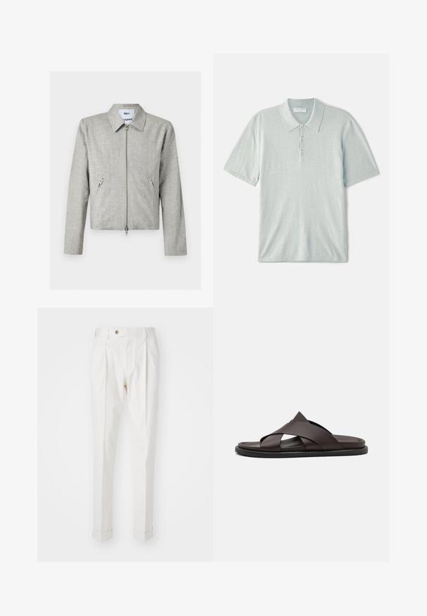 Lysegrå linnedjakke med spids krave, frontlynlås og to lynlåslommer i siden, vist på en ensfarvet baggrund.; Lys blå polo shirt lavet af blødt stof, med klassisk krave, tre-knaps lukning og korte ærmer. Minimalistisk design.; Hvide, skræddersyede bukser med flad front, to folder og opretterede manchetter. Fremstillet af et glat stof med en knaplukning i taljen.; Stuart Weitzman BERKLEY - Slip-on sandaler - espresso
