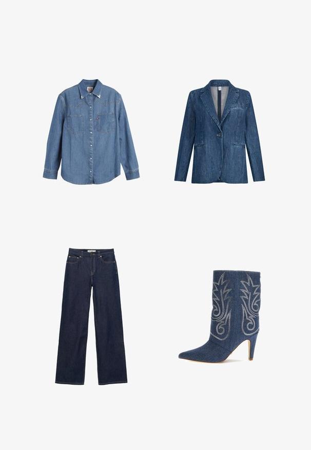 Blauwe denimblazer met één knoop, ingezette revers en twee steekzakken aan de voorkant, met subtiele glinsterende verticale stikseldetails.; Lichtblauwe denim overhemden met lange mouwen, puntige kraag, twee borstzakken en contrasterende stiksels. Heeft een westers stijl yoke ontwerp.; Donkerblauwe straight-leg spijkerbroek met voor- en muntzakken, knoopsluiting en zichtbare stiksels op een witte achtergrond.; Denim enkellaarsjes met een spitse neus, gebogen ontwerp, zilveren decoratieve stiksels en een 7,5 cm stilettohak. Donkerblauw met een gestructureerde afwerking.