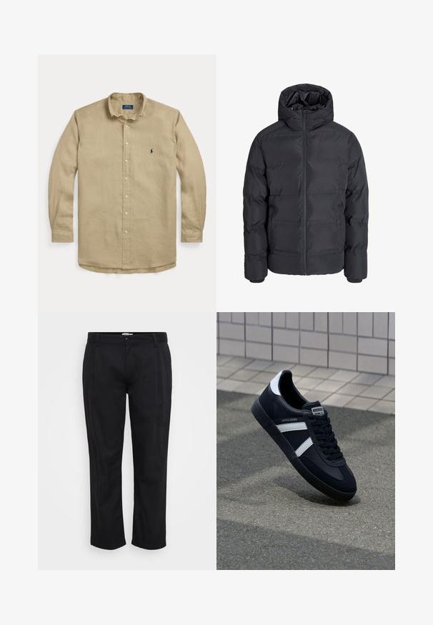 Sort pufferjakke med hætte, med lynlås foran, quiltet design og sidelommer. Fremstillet af et glat, isoleret materiale.; Beige langærmet skjorte med knapper, krave, forreste knapper og lille mørkeblå broderet logo på venstre bryst.; Jack & Jones Wide-leg Plus Size Wide Leg Fit - Bukser - black; Sort lædersneaker med hvide striber, tekstureret gummisål og snørrebånd foran. Har et brandet mærke på tungen.