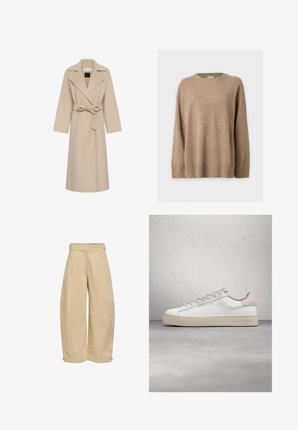 Long manteau en laine beige avec larges revers, ceinture nouée à la taille et deux poches avant.; Pull en maille beige à manches longues avec poignets, bas et col rond côtelés, présenté à plat sur fond blanc.; Pantalon beige à jambes larges avec taille haute et bretelles ajustables boutonnées à l'ourlet sur fond blanc.; Sneaker en cuir blanc avec une finition lisse, accents en suède beige, bout arrondi, design à lacets plats et semelle en caoutchouc texturée.