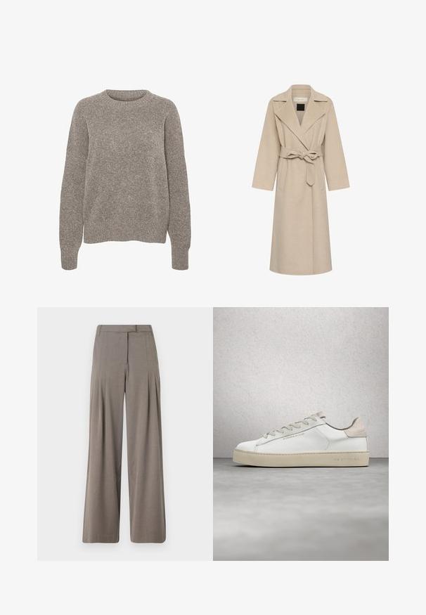 Long manteau en laine beige avec larges revers, ceinture nouée à la taille et deux poches avant.; Pull en maille gris clair avec un col rond, des manches longues et une finition texturée subtile. Aucun motif ou accent visible.; Pantalons à jambe large en tissu marron clair, dotés de plis, d'un devant plat et d'un ourlet net. Texture lisse avec un léger éclat.; Sneaker en cuir blanc avec une finition lisse, accents en suède beige, bout arrondi, design à lacets plats et semelle en caoutchouc texturée.