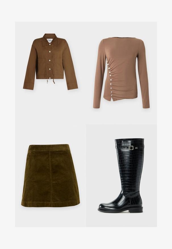 Chaqueta vaquera marrón con botones, dos bolsillos delanteros, mangas largas, cordón en el dobladillo y cuello puntiagudo.; Top marrón de manga larga en tela elástica, con un diseño fruncido en un lado con botones blancos a lo largo de la costura izquierda y un dobladillo asimétrico.; Mini falda de pana marrón con nervios verticales, corte recto y dobladillo limpio. Presenta una cinturilla simple sin adornos.; Bota negra hasta la rodilla con textura de cocodrilo, punta redonda, tacón bajo y una correa con hebilla plateada cerca de la parte superior.
